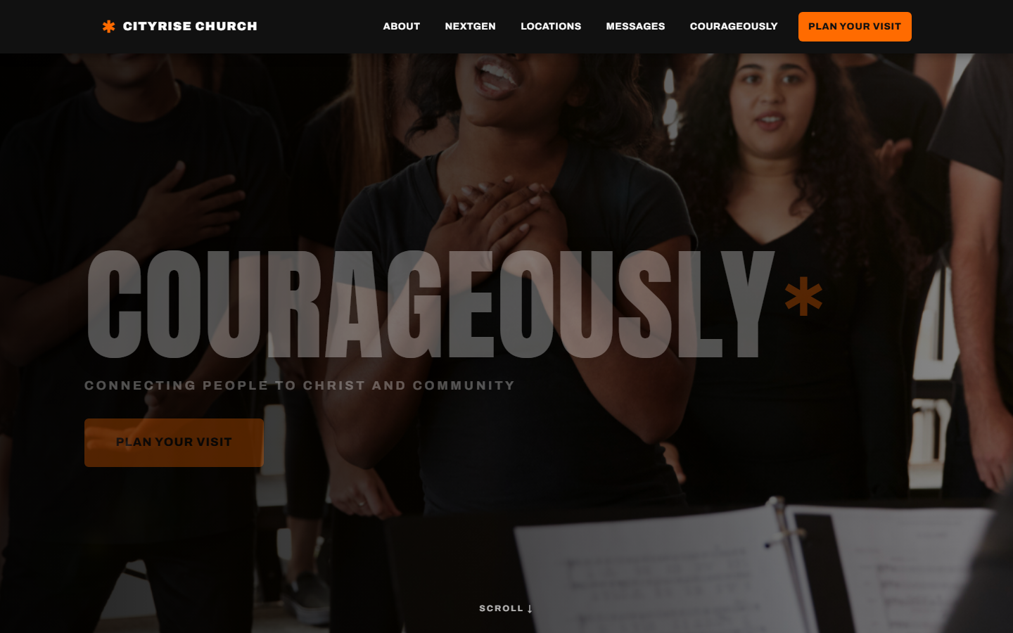 Cityrise Church website homepage, with a bold Courageously hero and a Plan Your Visit call to action